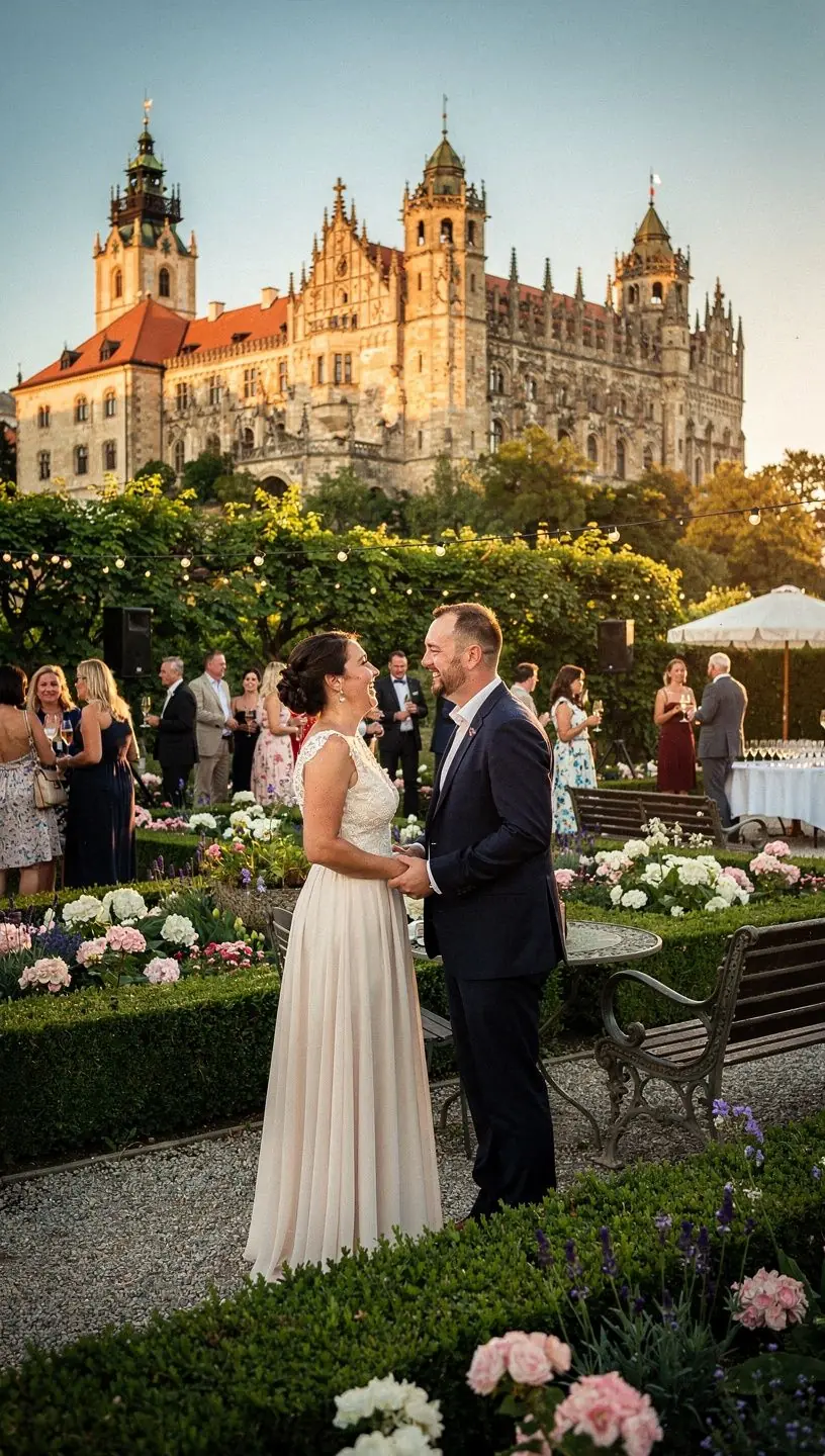 Zámecká zahrada ve Slavonicích s barevnými květinami a výhledem na město