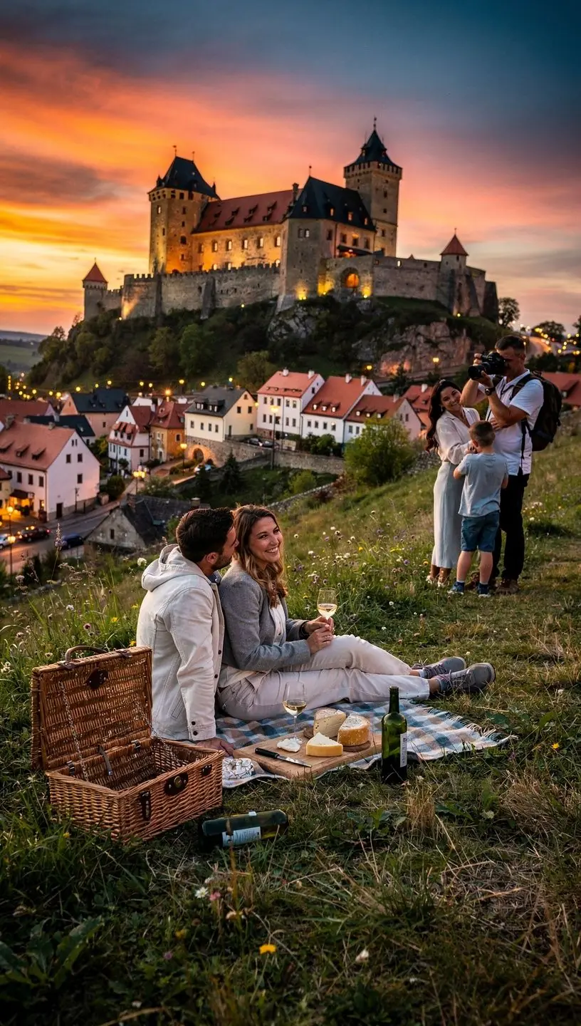 Historické budovy s gotickými a renesančními prvky osvětlené večerním sluncem.